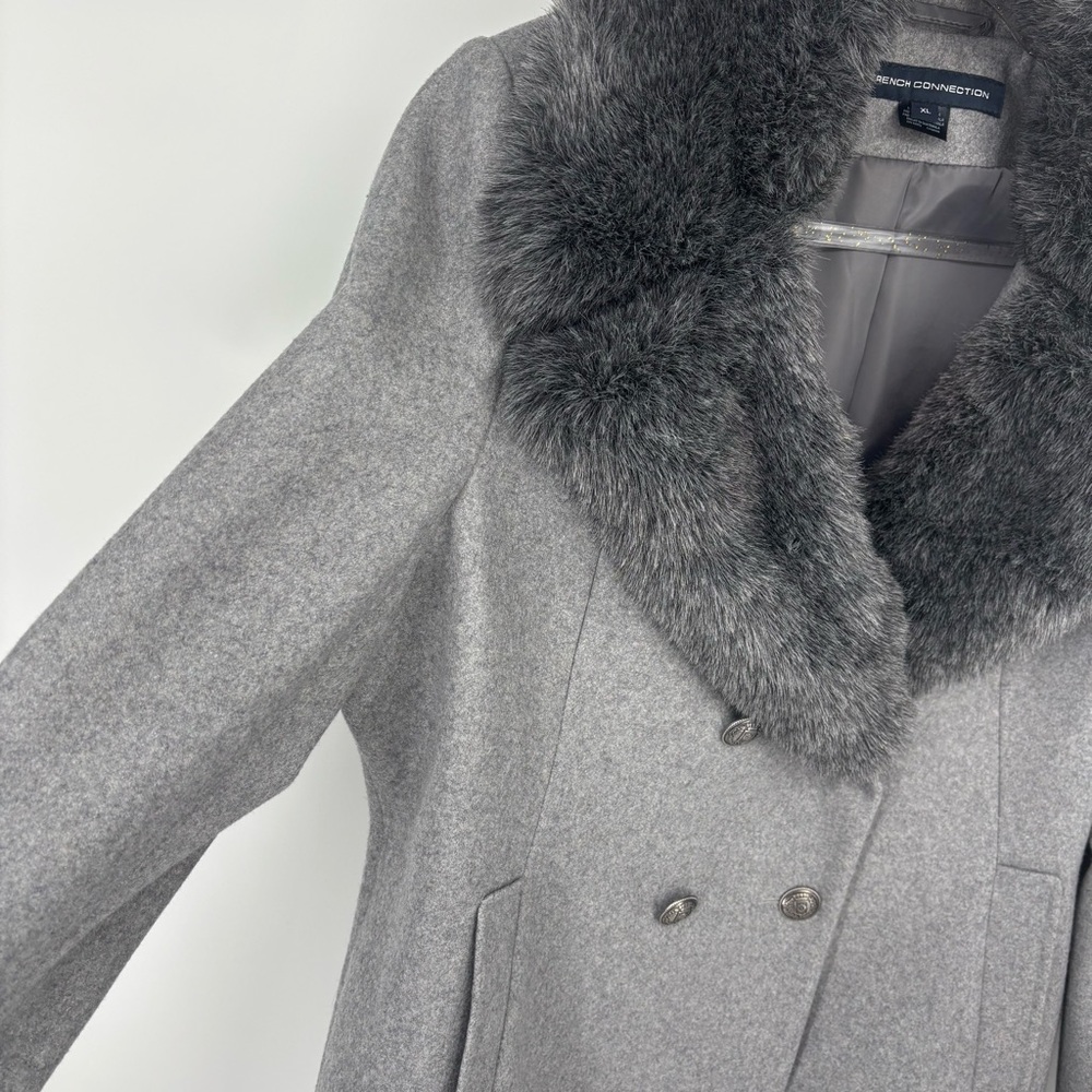 French Connection Faux Fur Collared Double-Breasted‎ Wool Blend Pea Coat Size XL - Picture 5 of 14